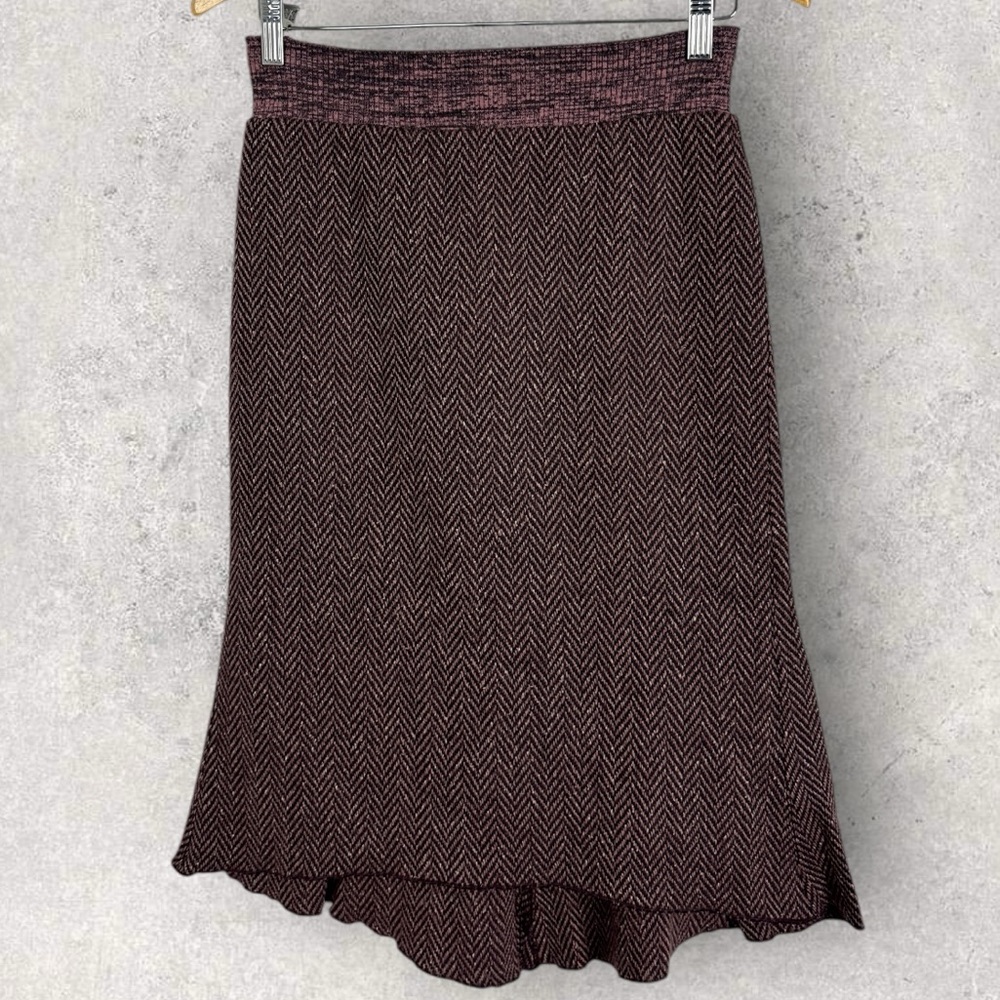 Mango MNG Burgundy Tweed Chevron Midi Wool Silk Skirt Size 2 Purple Elastic Boho